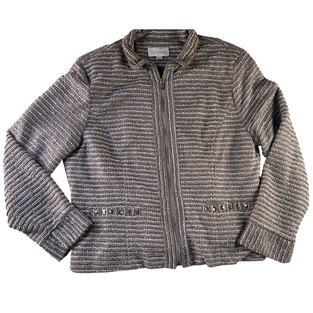 Erin London Zip Up Jacket Womens XL Grey Excellent Studded Textured Knit Boucle